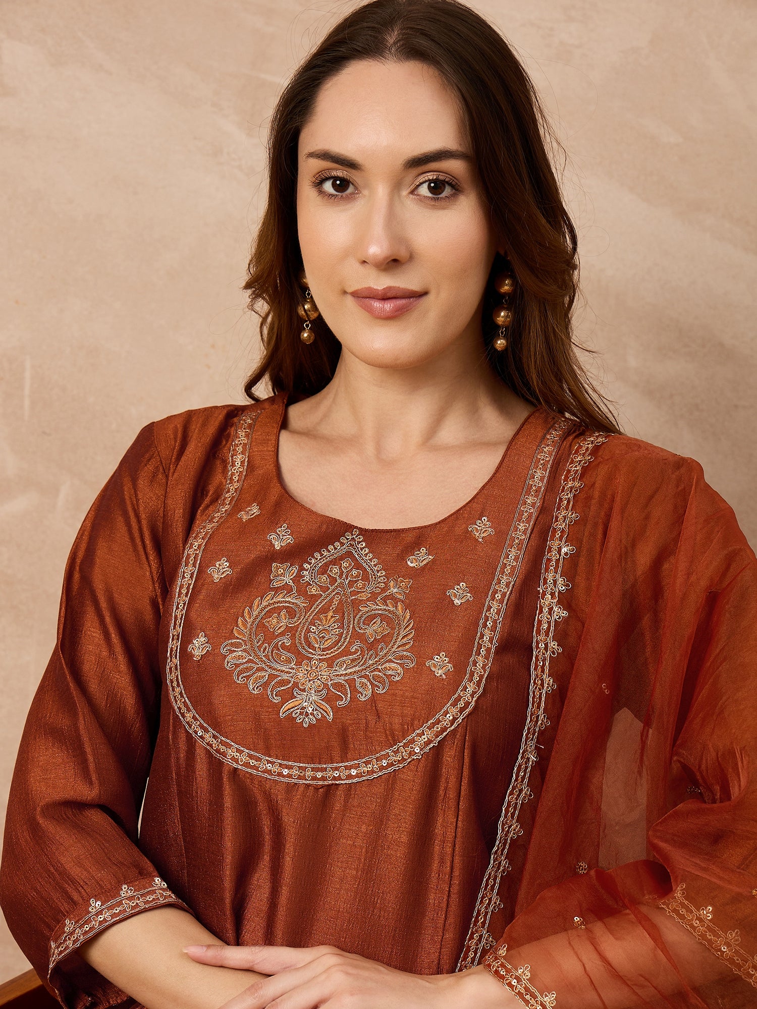 Rust  Silk Blend Embroideried A-Line Kurta Trouser