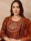 Rust  Silk Blend Embroideried A-Line Kurta Trouser
