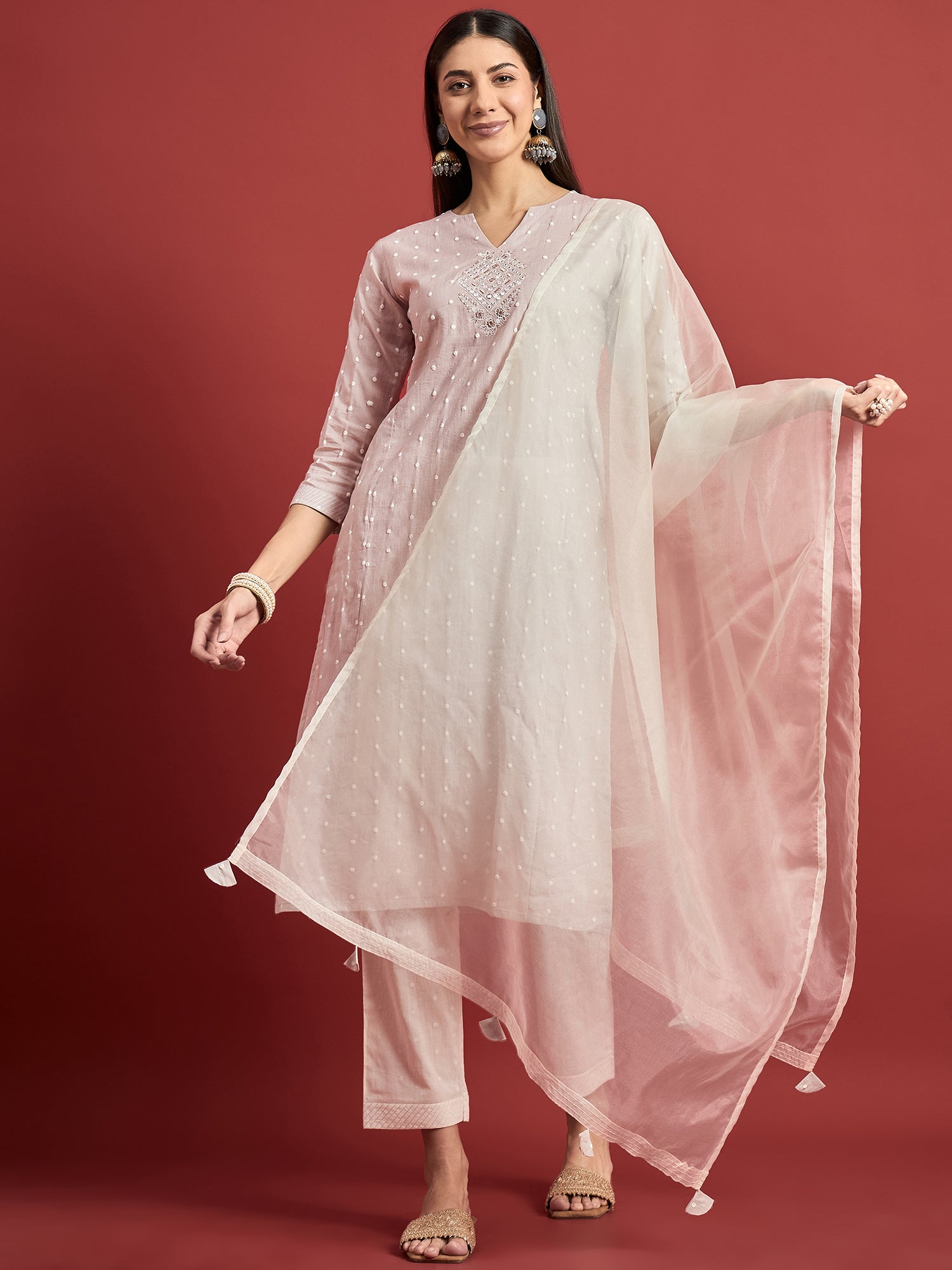 Grey  Cotton Blend Printed A-Line Kurta  Trouser