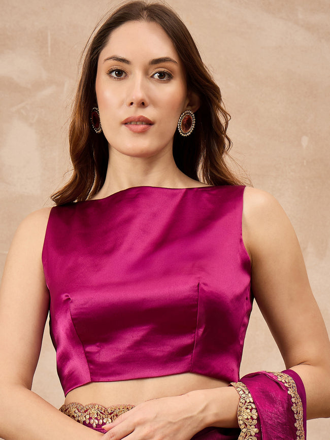 Magenta Organza Solid with Gota Lace Saree with Unstitched Blouse