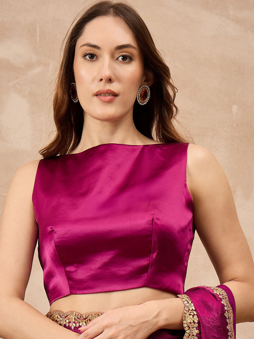 Magenta Organza Solid with Gota Lace Saree with Unstitched Blouse