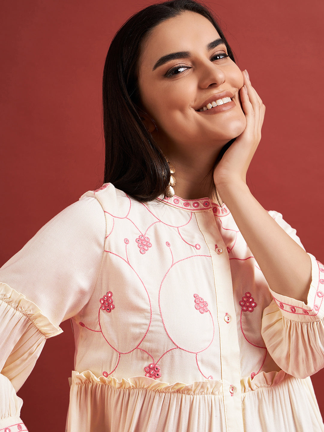 Cream Pure Cotton Embroidered Gathered or Pleated Puff Sleeves Floral Print Tops