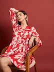 Red BLENDED Printed Puff Sleeves Floral Dress