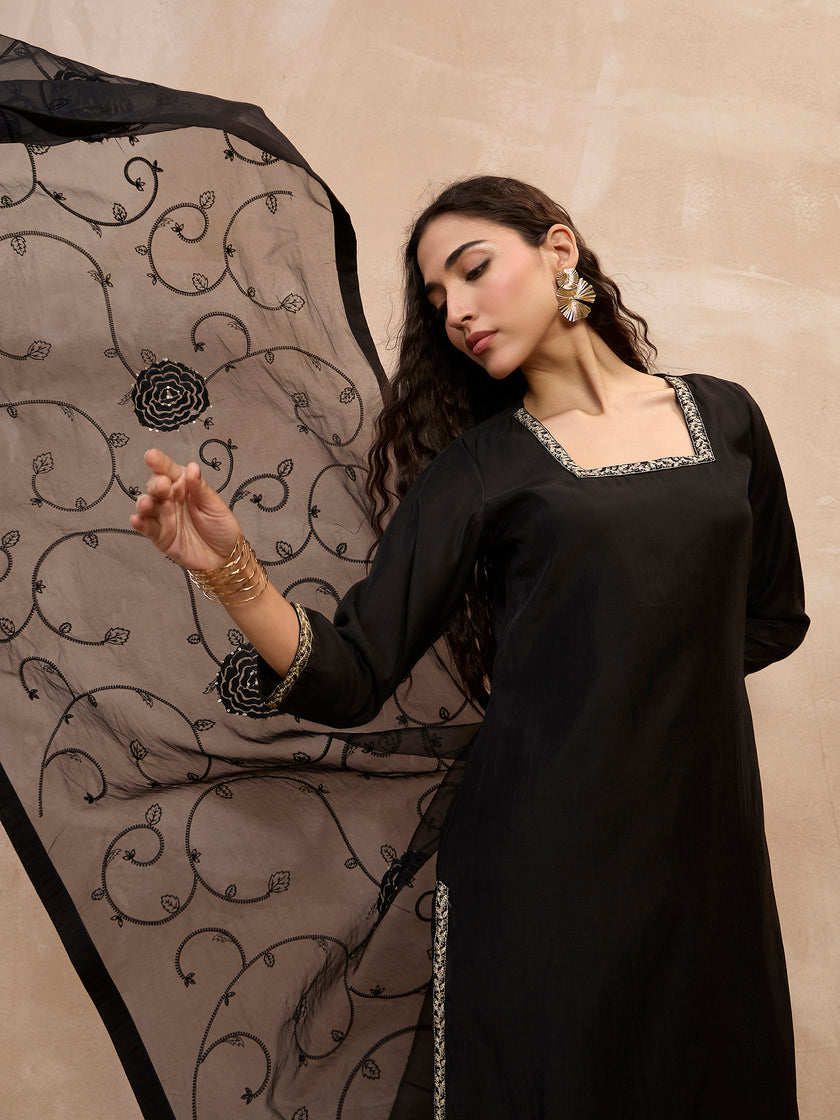 Black  Chanderi Silk Embroideried Straight Kurta Trouser