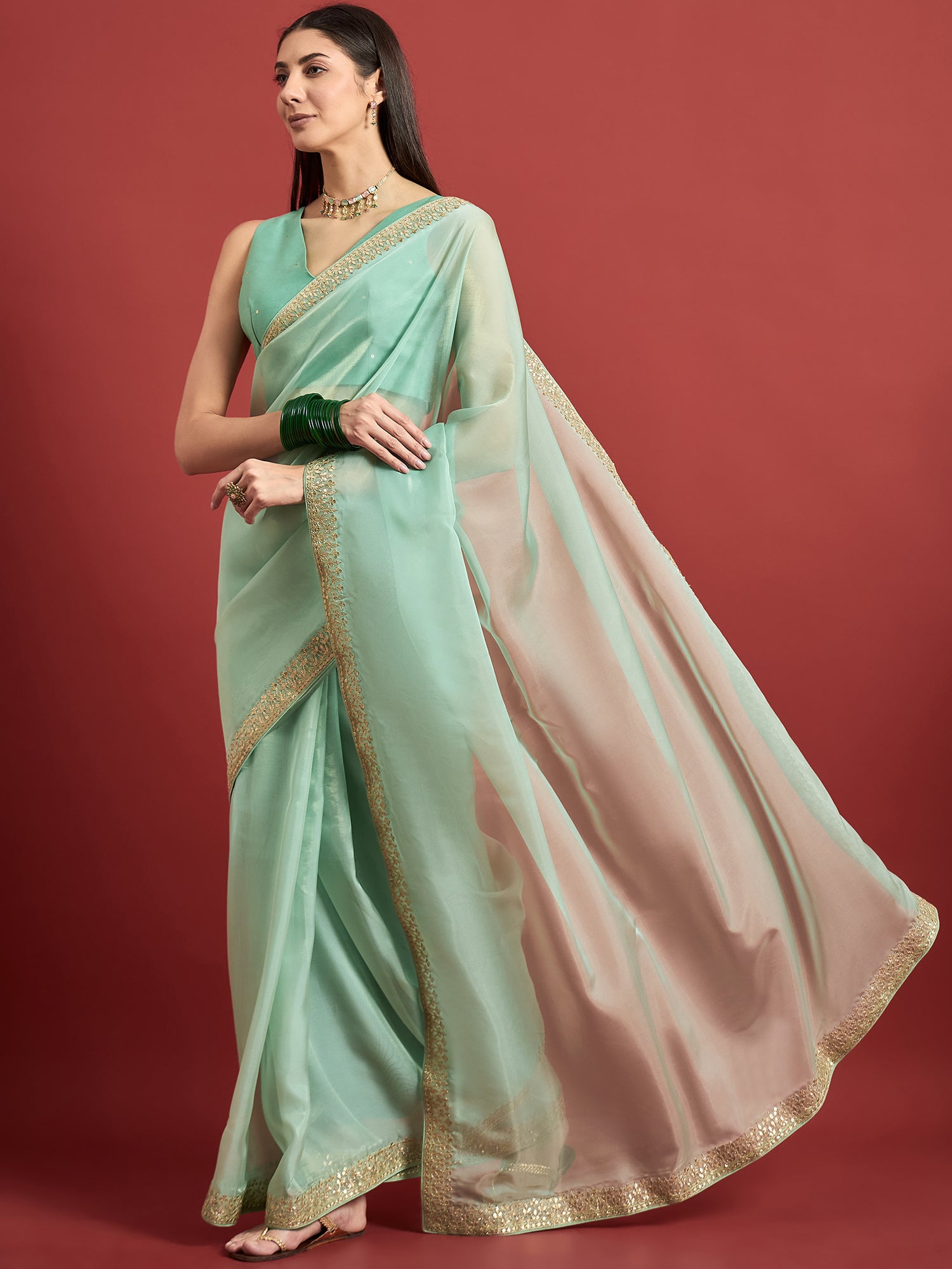 Green Organza Solid With Gotta Patti Border Saree with Unstitched Fancy Blouse