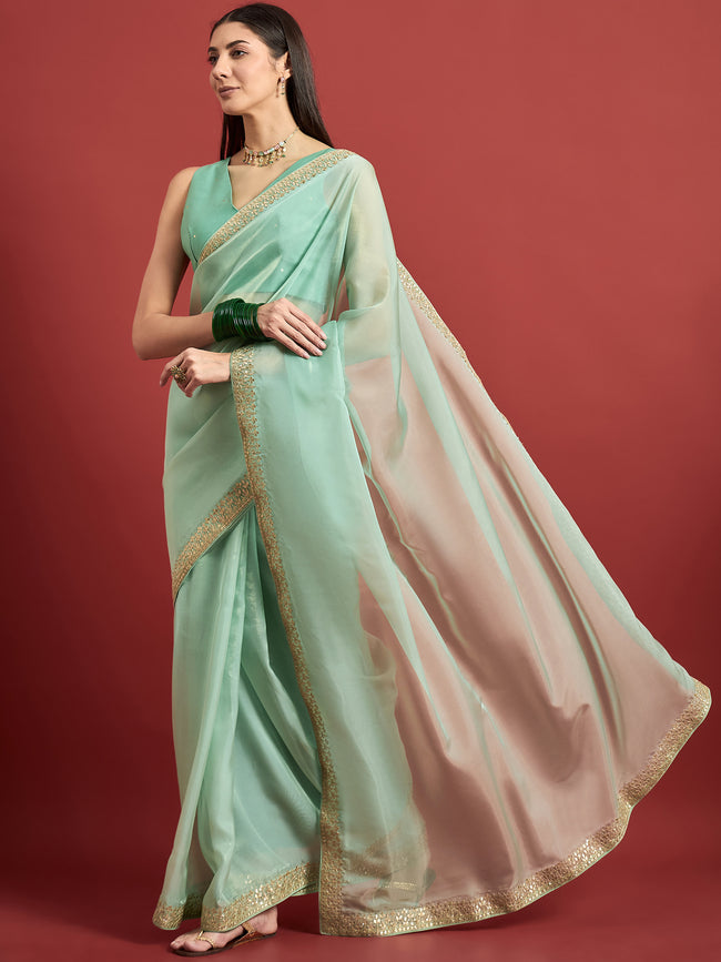 Green Organza Solid With Gotta Patti Border Saree with Unstitched Fancy Blouse