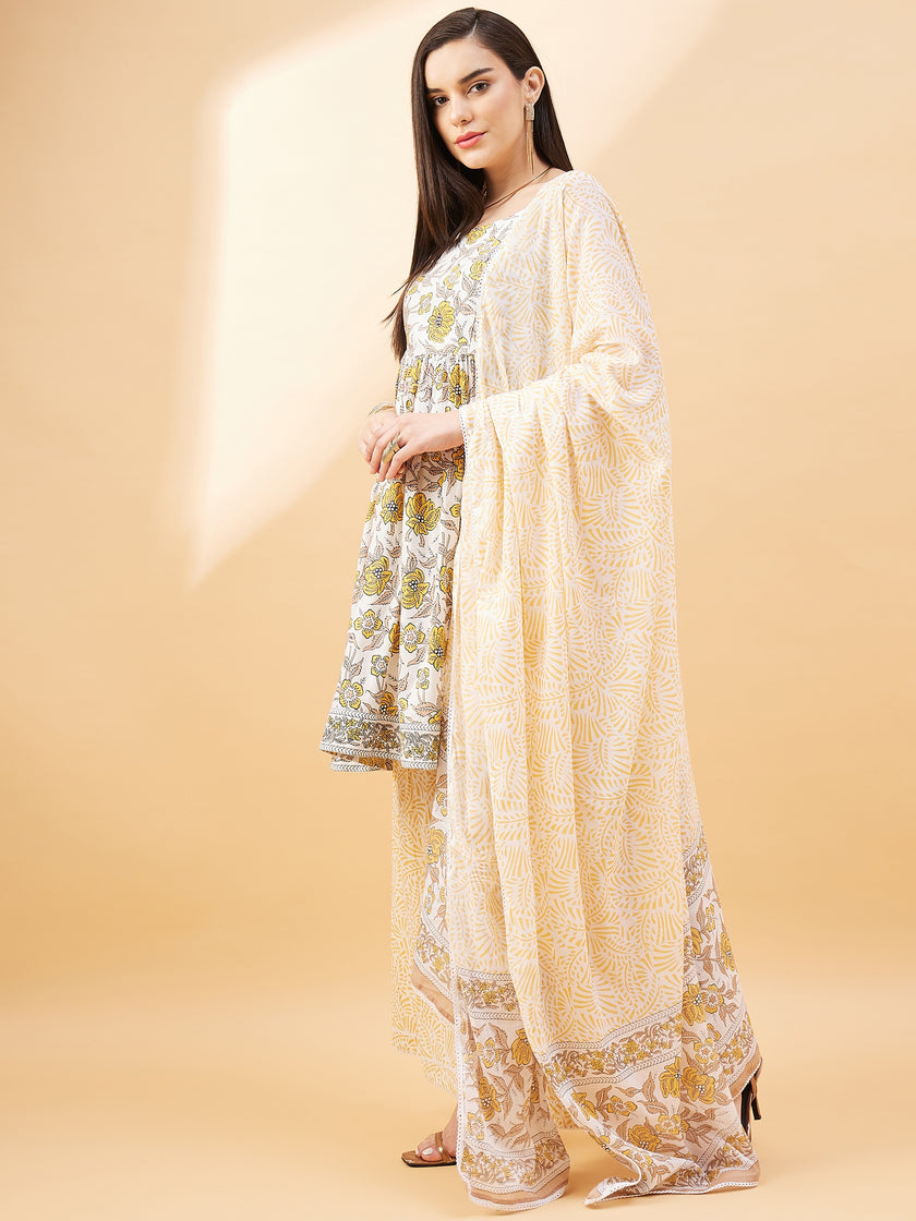 Mustard Pure Cotton Printed Peplum Kurta Palazzo