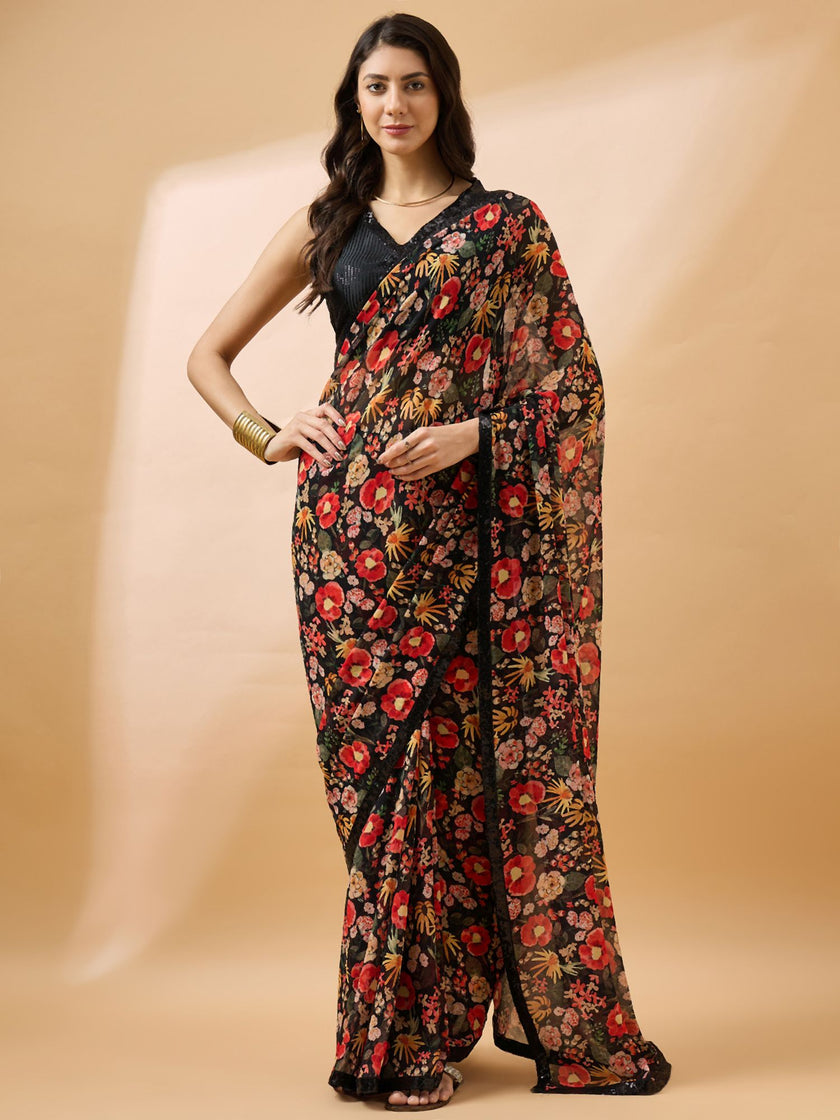 Black Georgette Floral Print with Embellished Lace Saree with Unstitched Fancy Blouse