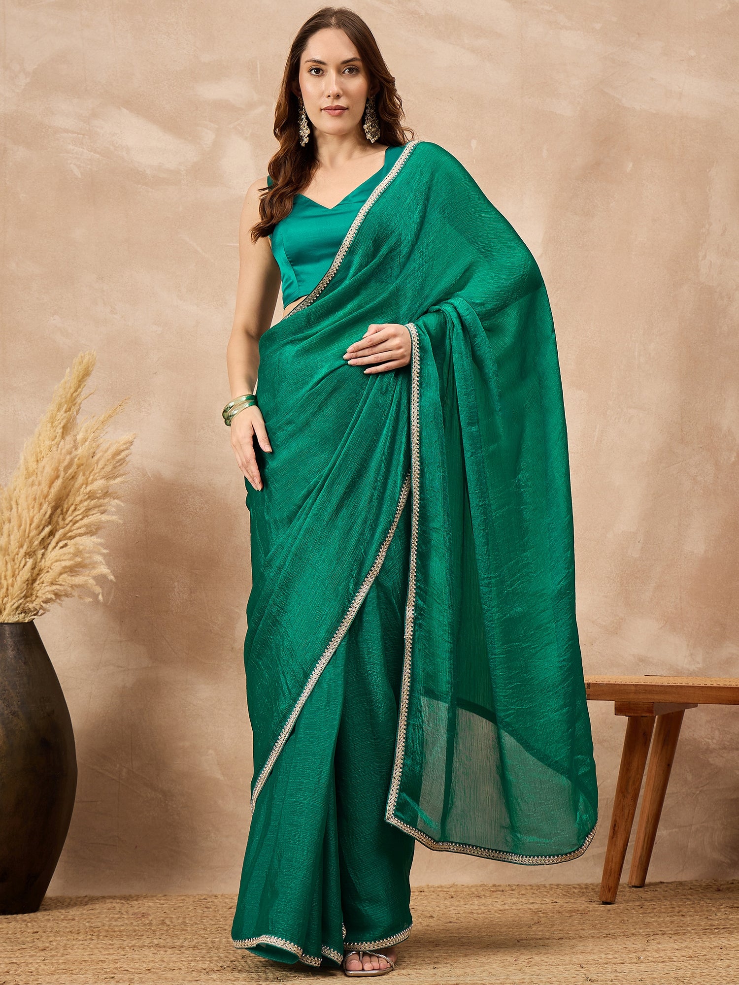 Rama Green Poly Chiffon Solid with Coding Border Saree with Unstitched Blouse