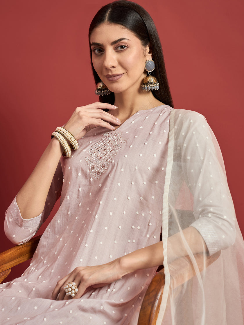 Grey  Cotton Blend Printed A-Line Kurta  Trouser