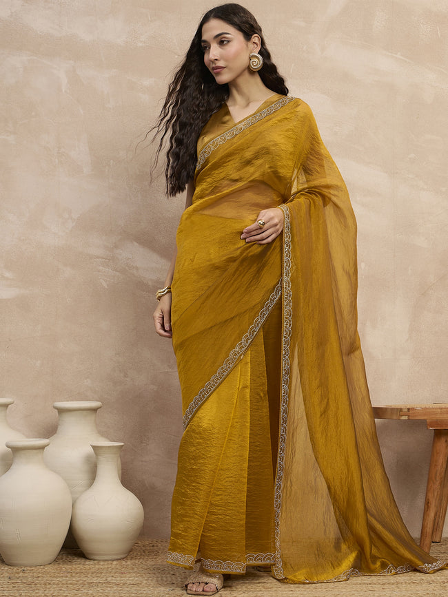 Mustard Organza Solid With Stone Work Border Saree with Unstitched Blouse