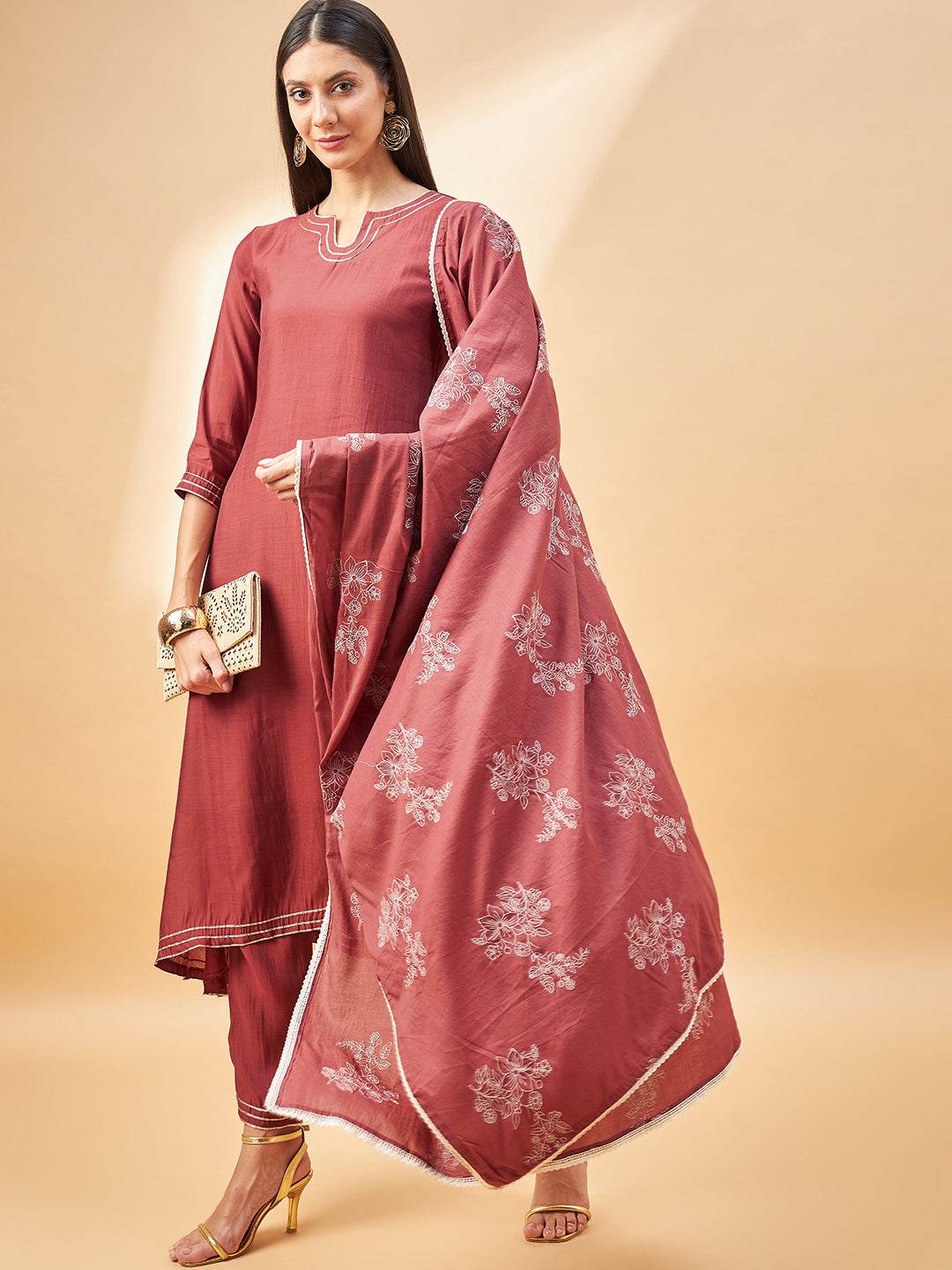 Rust Pure Cotton Solid A-Line Kurta Trouser  With Dupatta