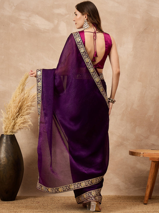 Purple Satin Solid with Embroidered Border Saree with Unstitched Blouse