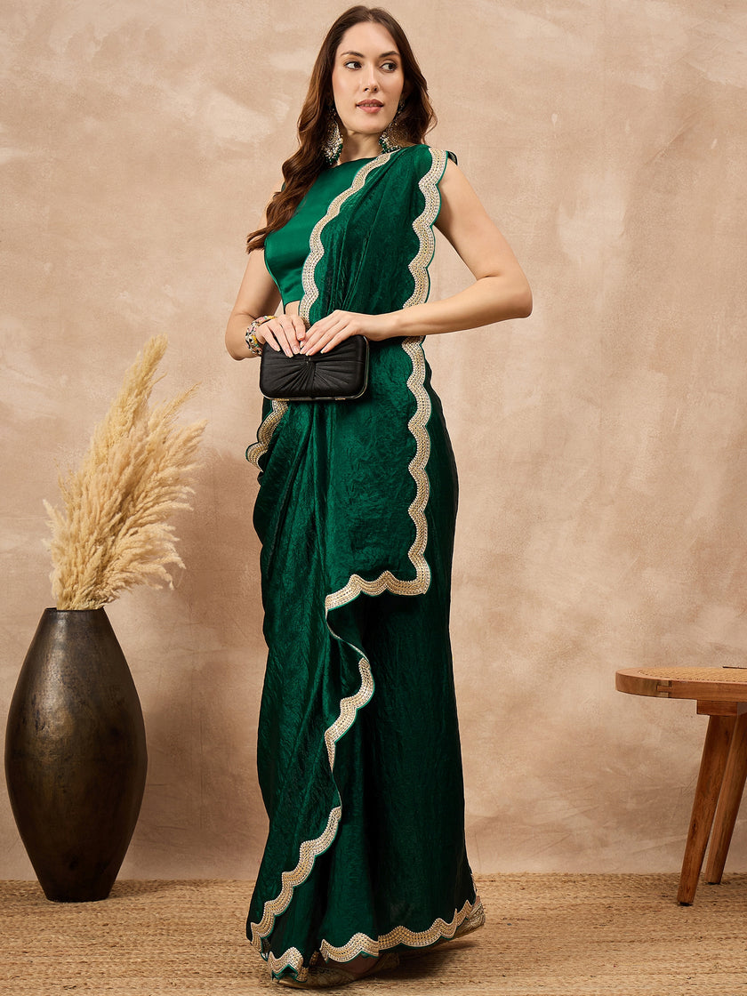 Green Organza Solid with Gota Lace Saree with Unstitched Blouse