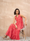 Red Polyester Printed No Sleeves Floral Dress