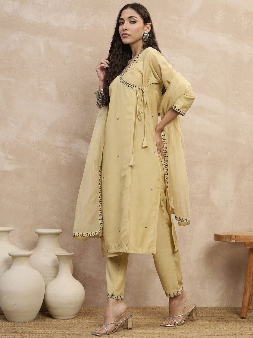 Beige  Chinon Embroideried A-Line Kurta Trouser