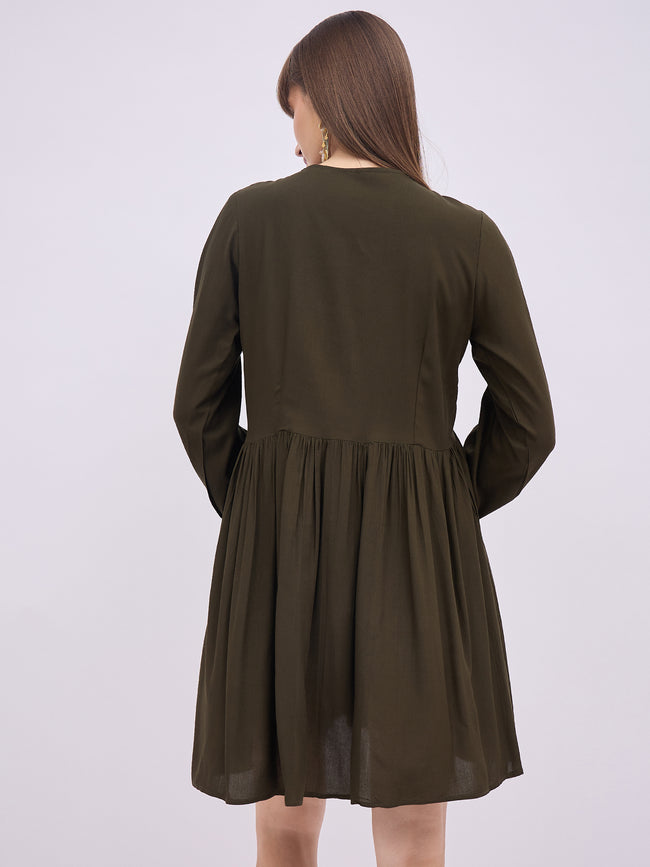 Olive Green BLENDED Solid Regular Sleeves Solid Dress