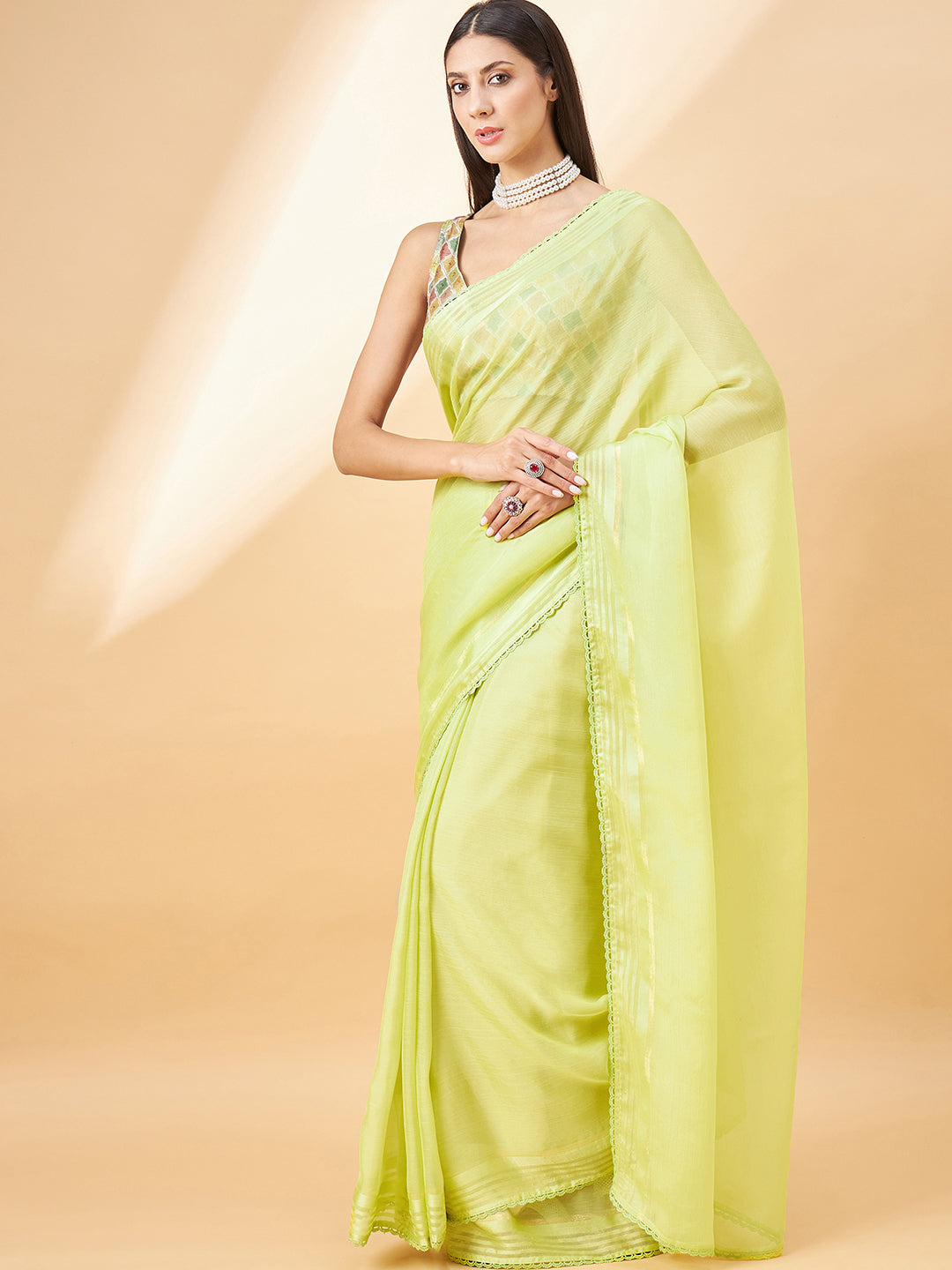Lime Green Pure Chiffon Solid with Embllished Border Saree with Unstitched Fancy Blouse