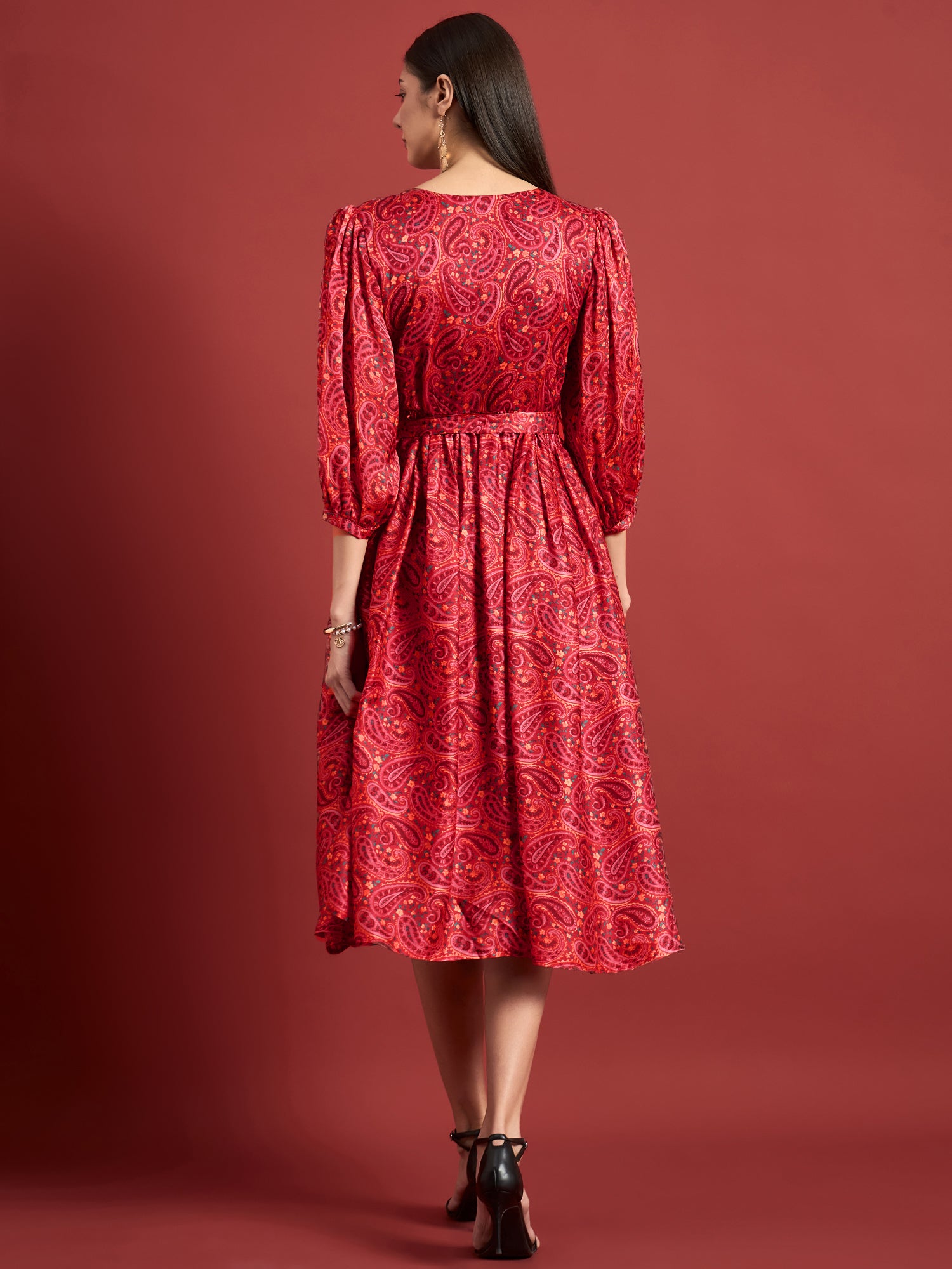 Pink Polyester Printed Puff Sleeves Ethnic Motifs Dress