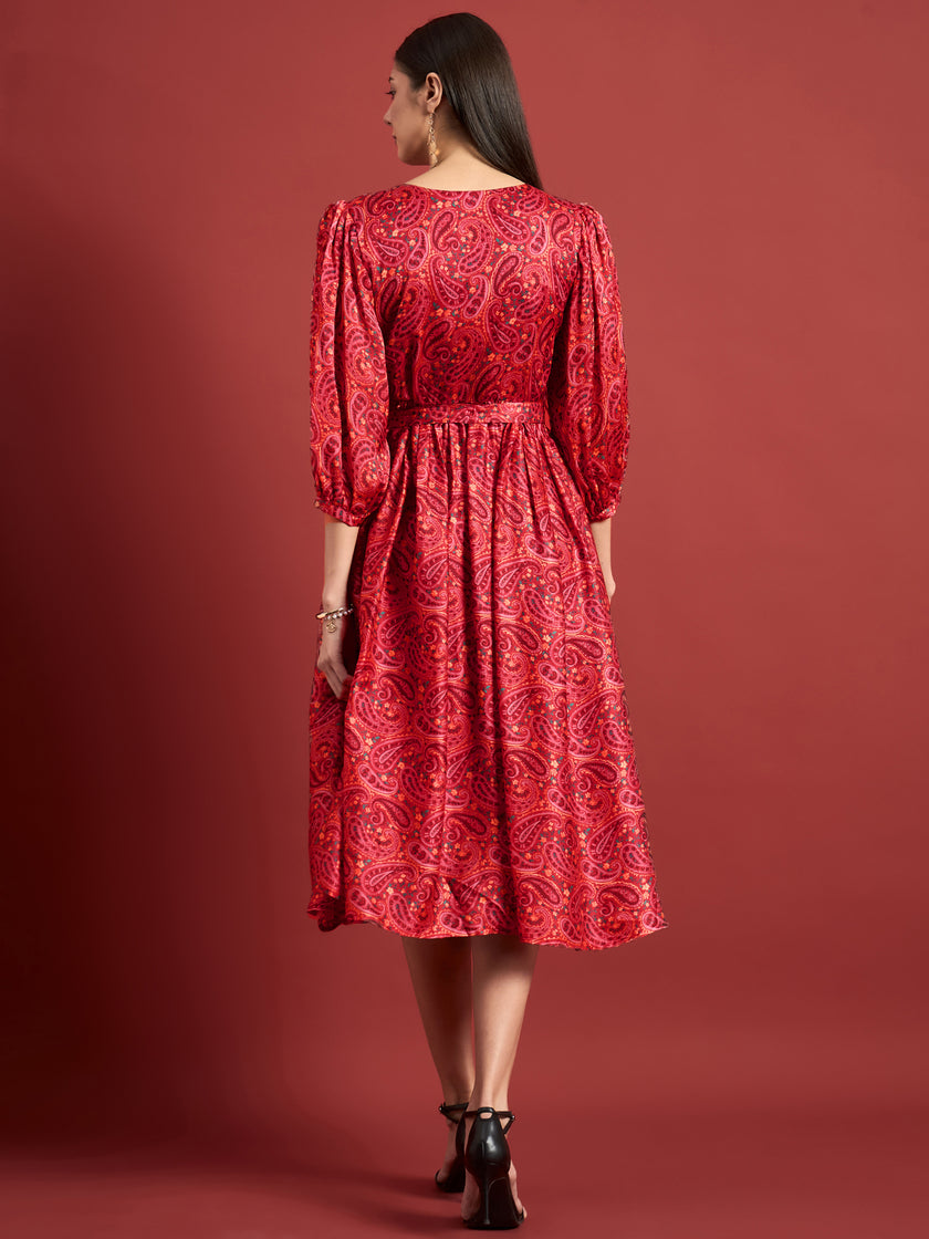 Pink Polyester Printed Puff Sleeves Ethnic Motifs Dress