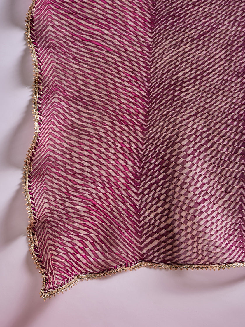 Wine  Pure Chiffon ZigZag Pattern Print With Embellished Lace Saree with Unstitched Fancy Blouse