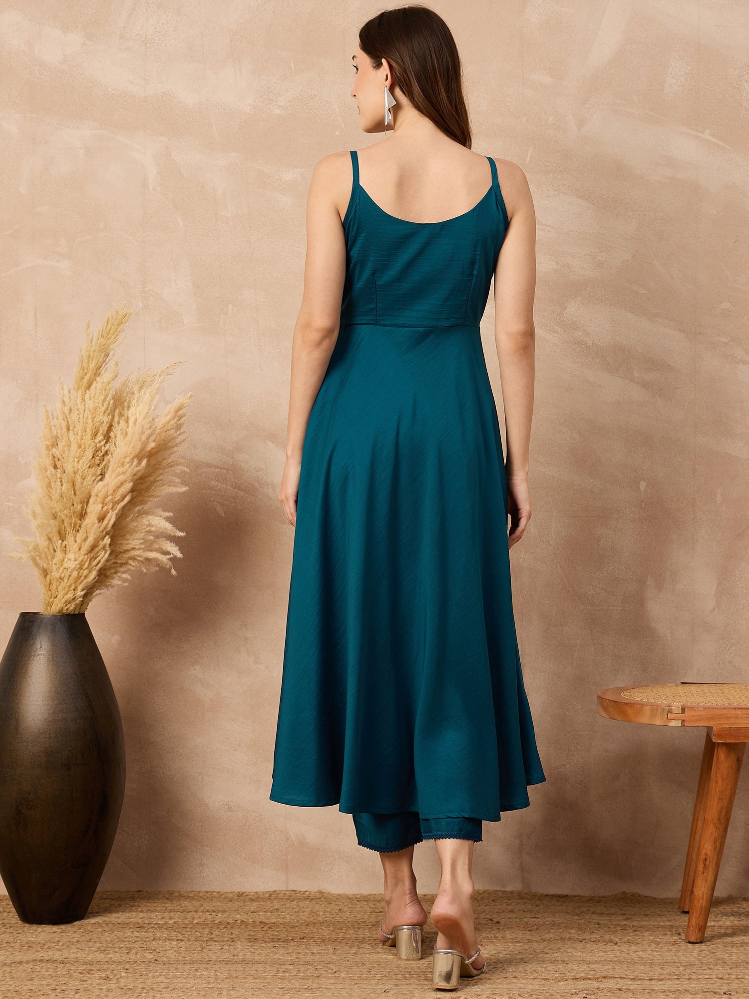 Teal Silk Blend Solid A-Line Kurta Trouser With Floral Print Shrug