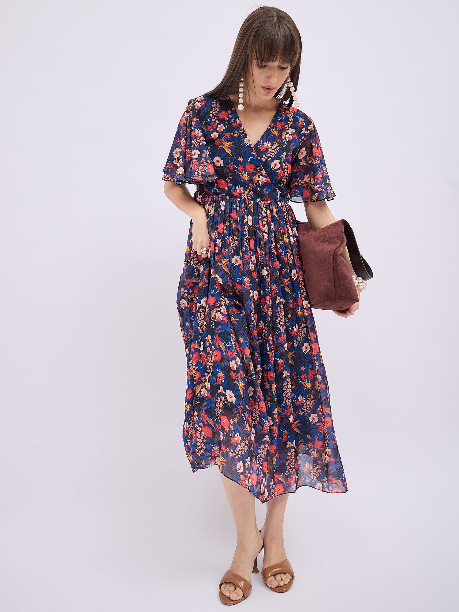 Blue Polyester Printed Flared Sleeves Floral Dress