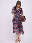 Blue Polyester Printed Flared Sleeves Floral Dress