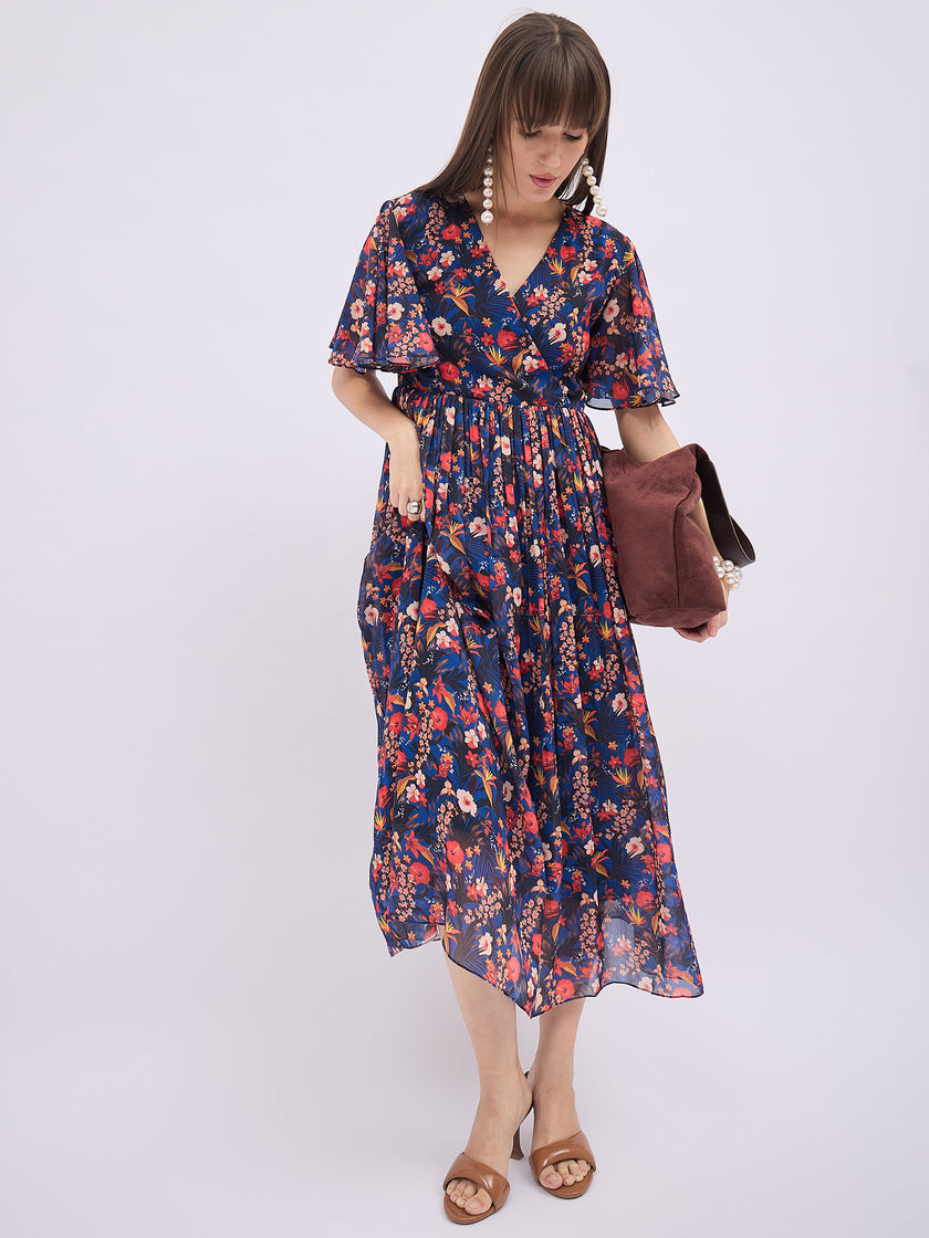 Blue Polyester Printed Flared Sleeves Floral Dress