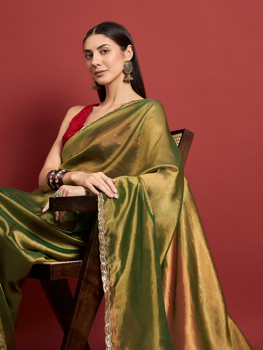 Green Organza Solid With Embellished Lace Saree with Unstitched Fancy Blouse