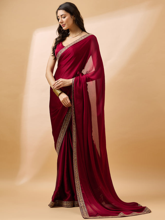 Maroon Satin Solid with Embroidered Lace Saree with Unstitched Fancy Blouse
