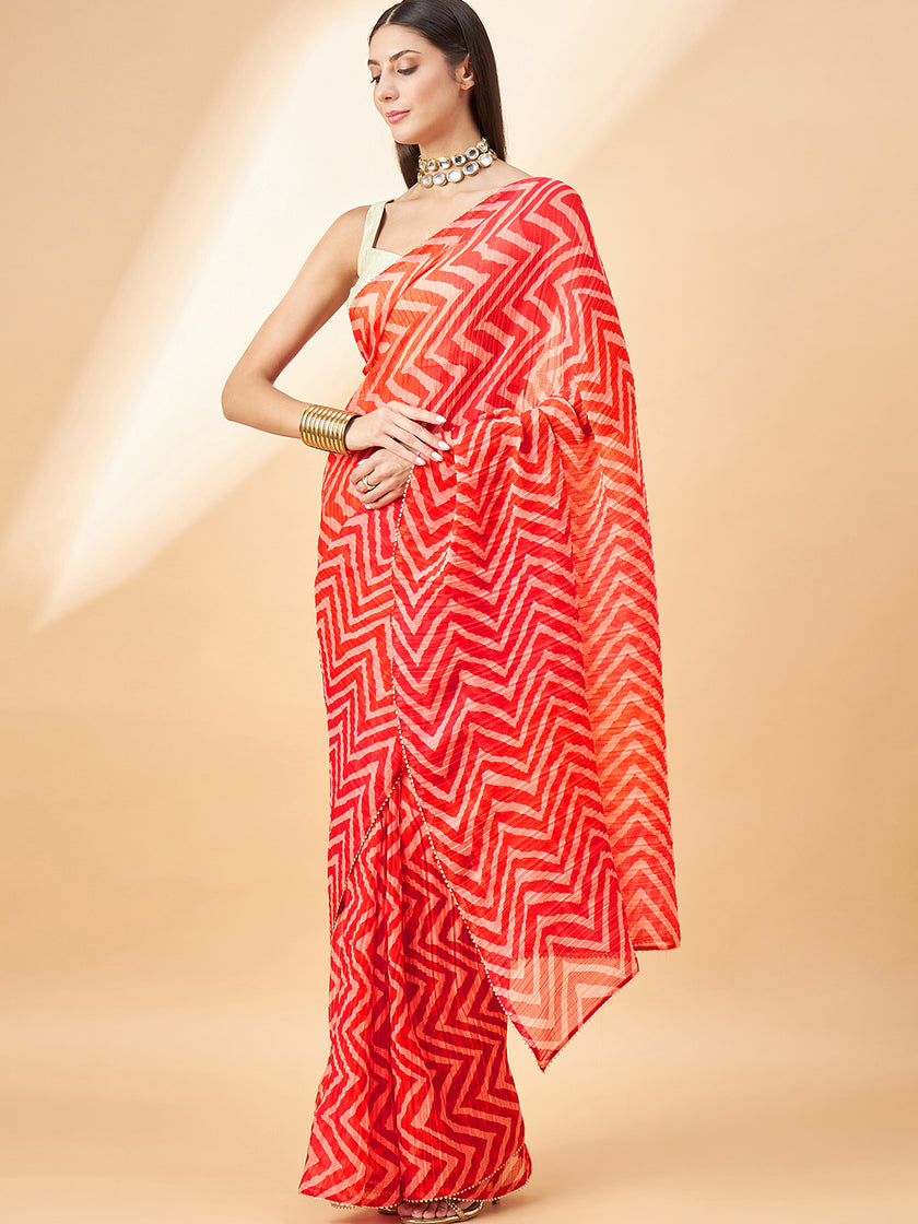 Red Pure Chiffon Stripes Pleted Saree with Unstitched Fancy Blouse