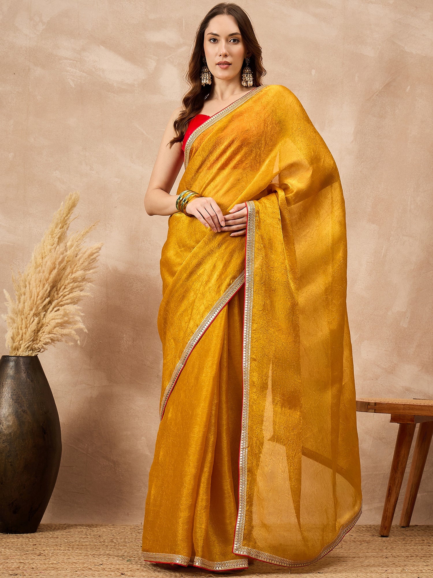 Yellow Poly Chiffon Solid with Embroidery Coding Border  Saree with Unstitched Blouse