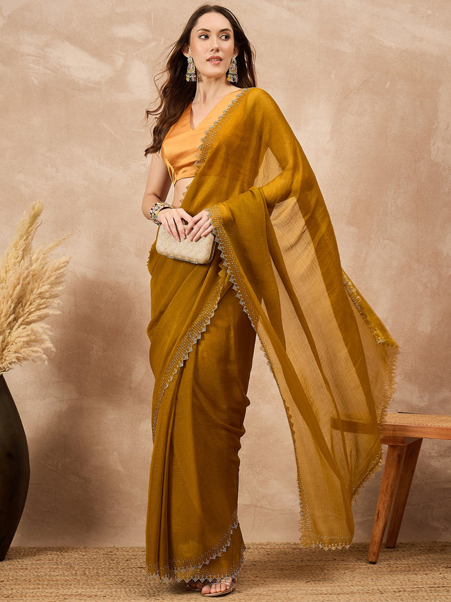 Mustard Satin Solid With Stone Work Border Saree with Unstitched Blouse