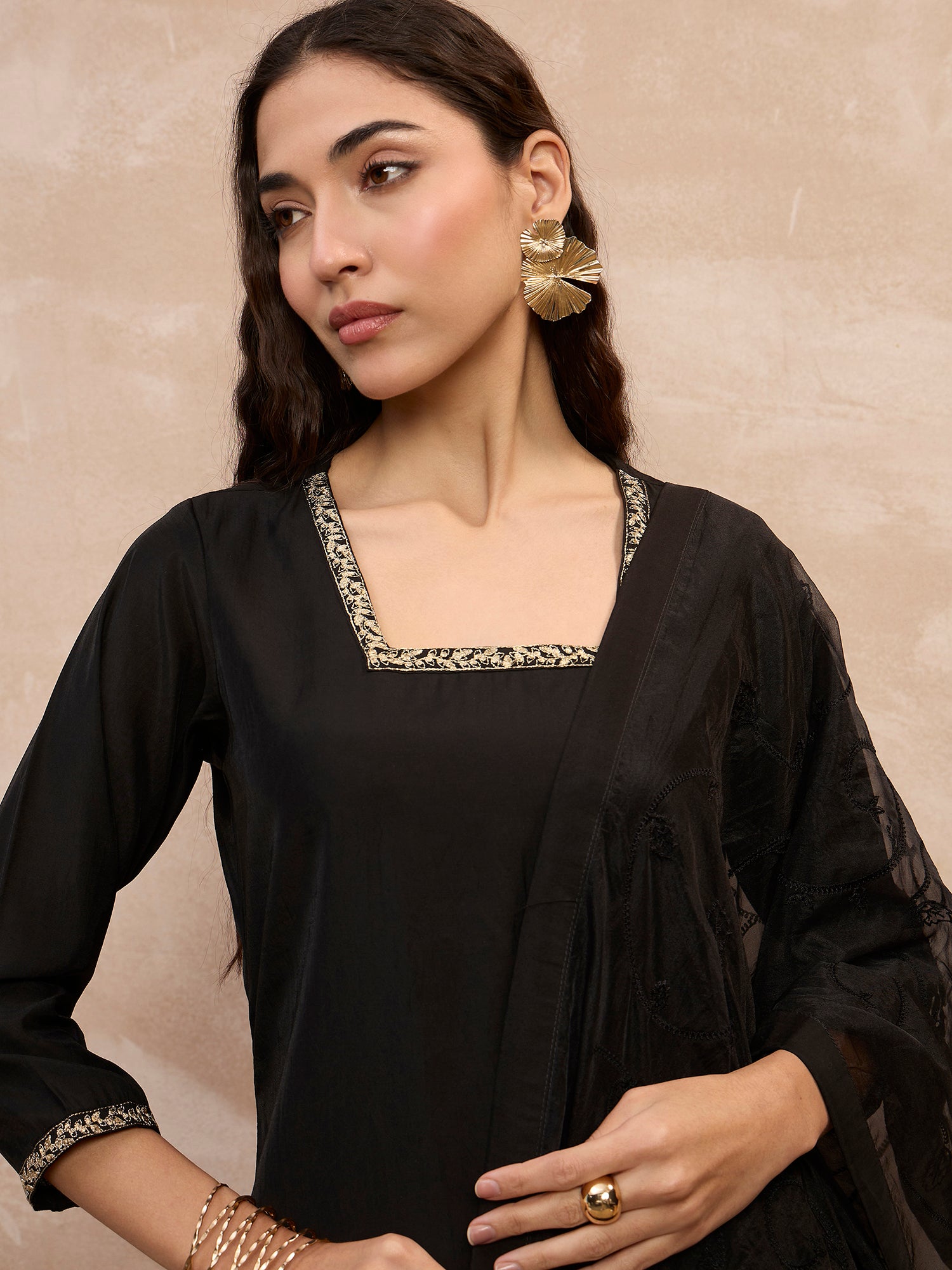 Black  Chanderi Silk Embroideried Straight Kurta Trouser