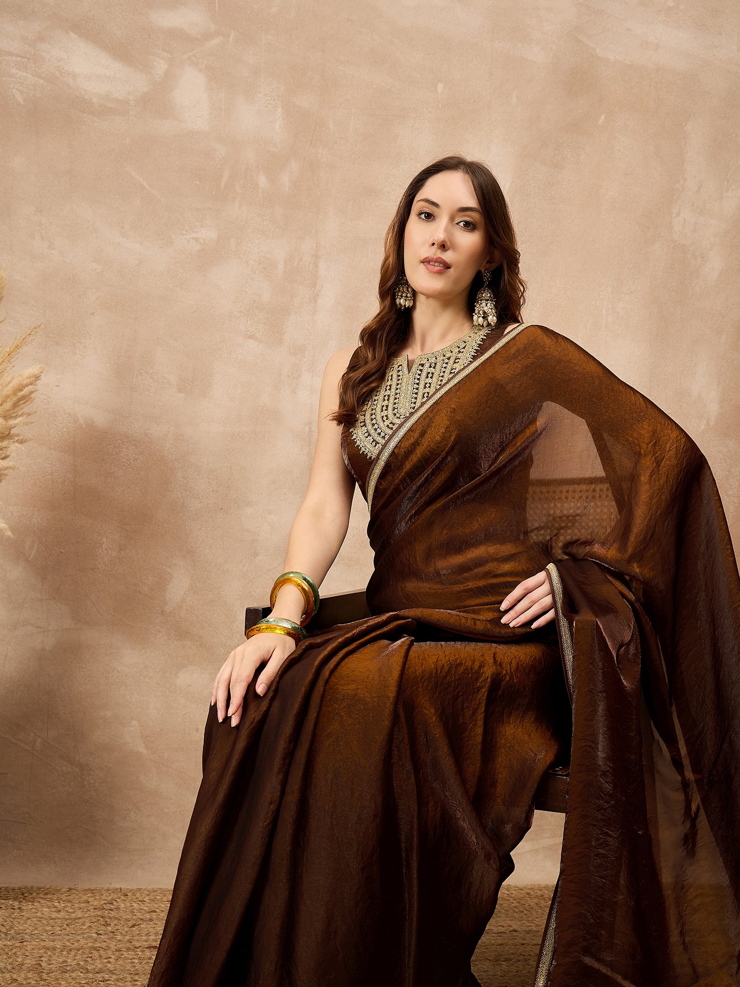 Brown Organza Solid with Coding Lace Saree with Unstitched Blouse