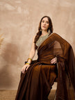 Brown Organza Solid with Coding Lace Saree with Unstitched Blouse