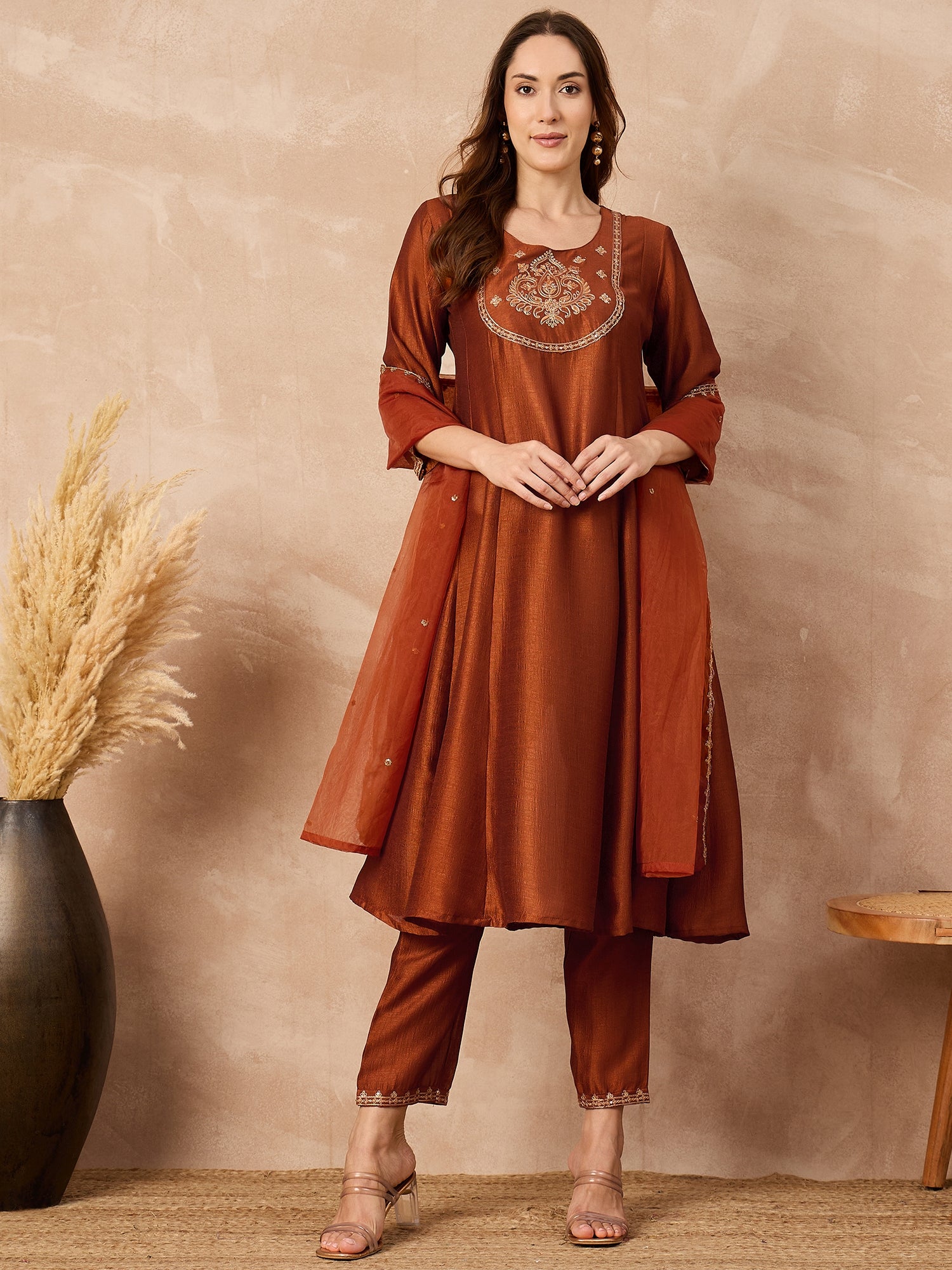 Rust  Silk Blend Embroideried A-Line Kurta Trouser