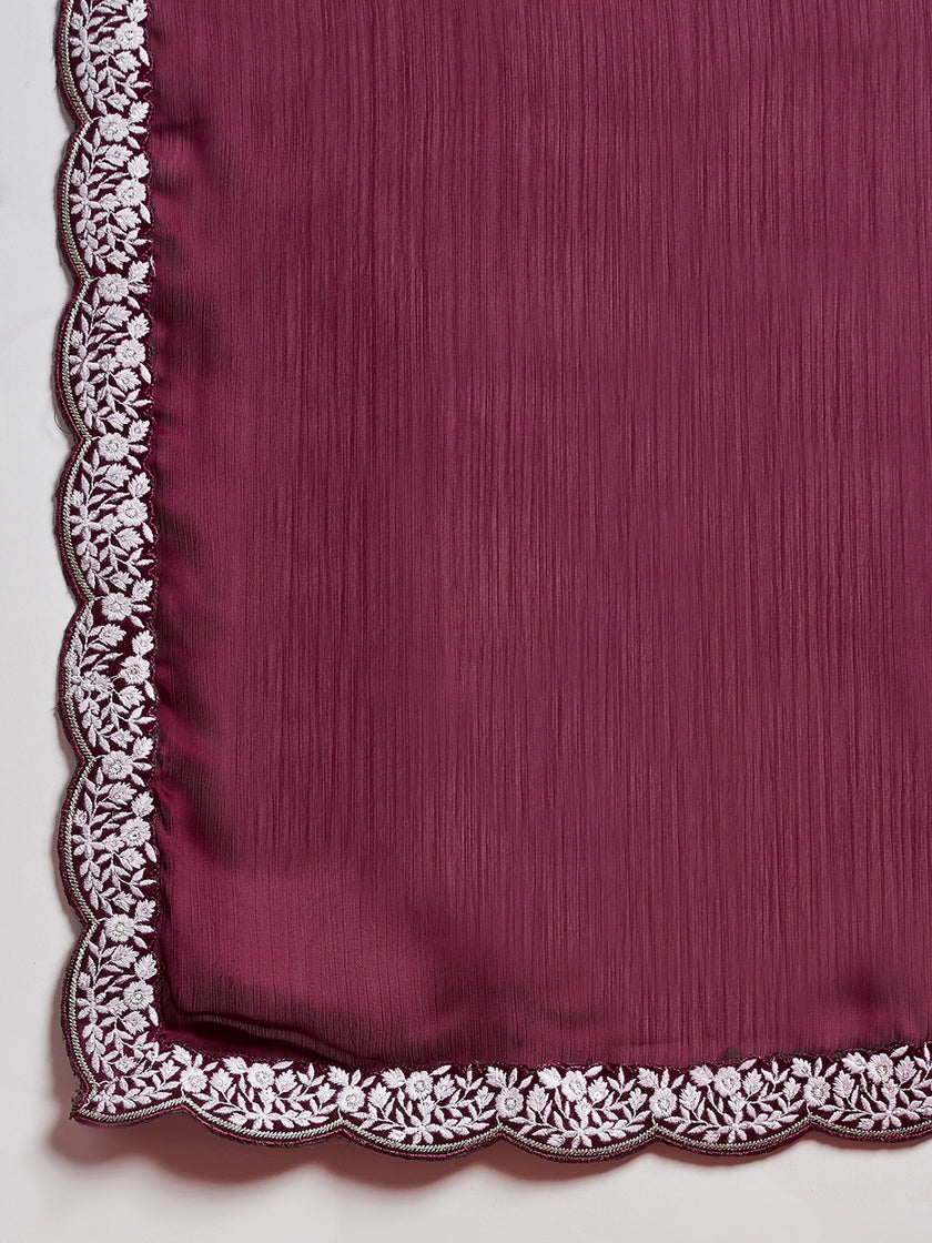 Wine Satin Solid With Embroidered Border Saree with Unstitched Fancy Blouse
