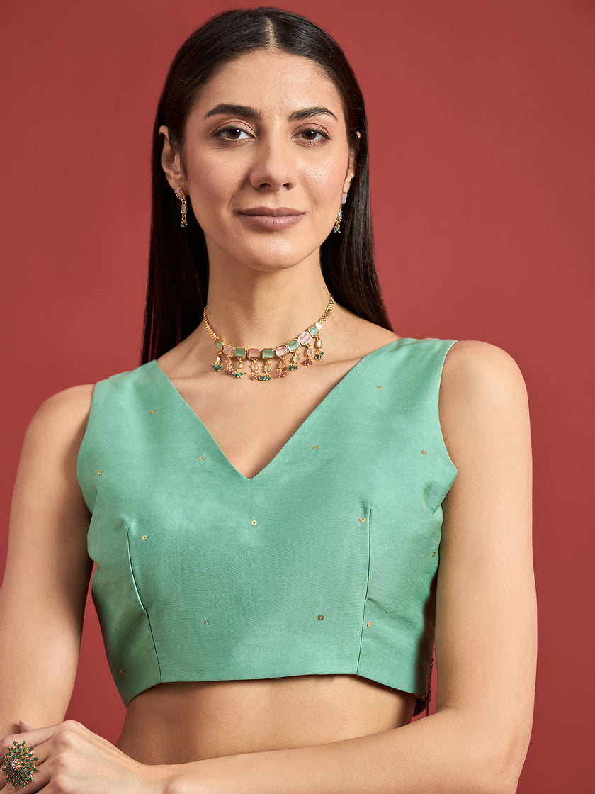 Green Organza Solid With Gotta Patti Border Saree with Unstitched Fancy Blouse