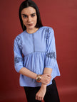 Blue Pure Cotton Embroidered Gathered or Pleated Puff Sleeves Floral Print Tops