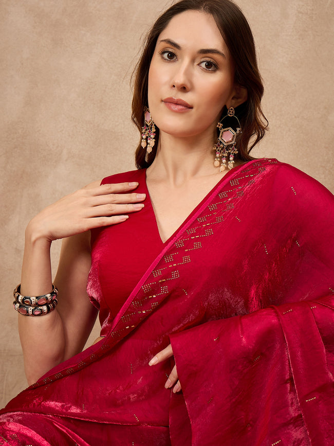 Red Satin Solid With Stone Work Border Saree with Unstitched Blouse