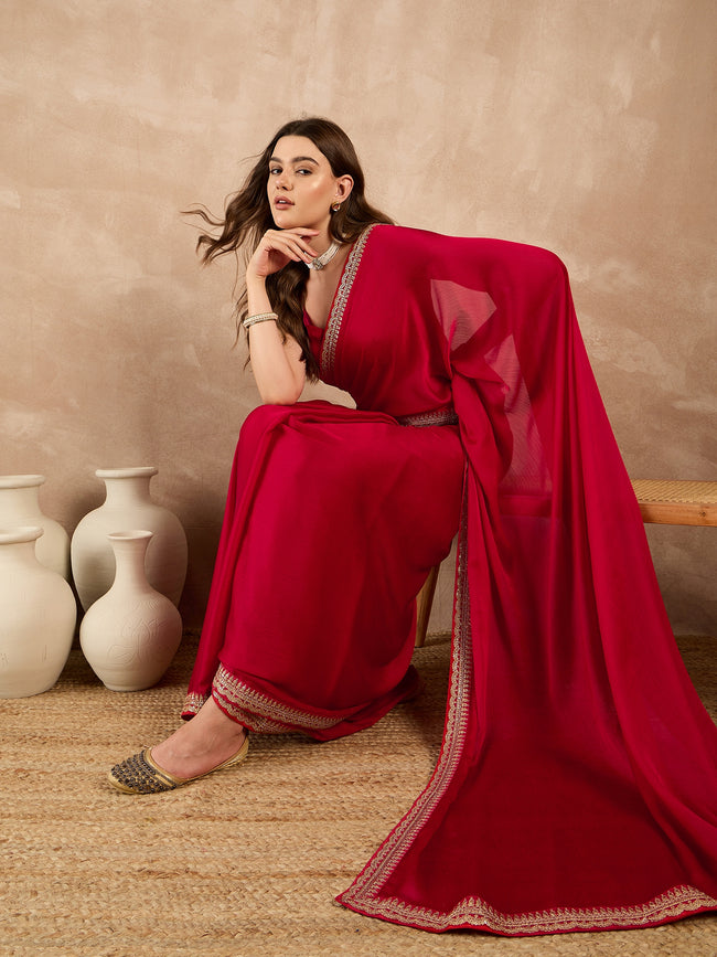 Red Satin Solid With Embroidered Border Saree with Unstitched Fancy Blouse