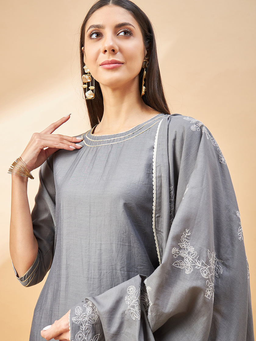 Grey Pure Cotton Solid A-Line Kurta Trouser  With Dupatta