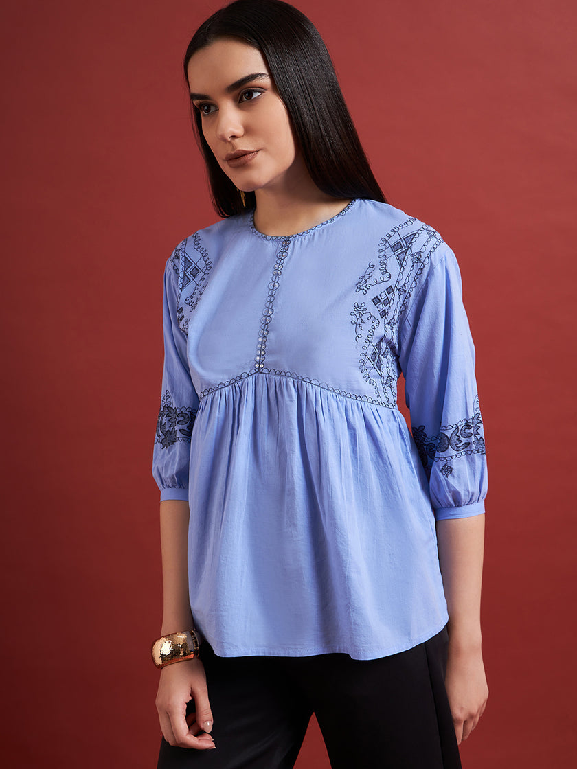 Blue Pure Cotton Embroidered Gathered or Pleated Puff Sleeves Floral Print Tops