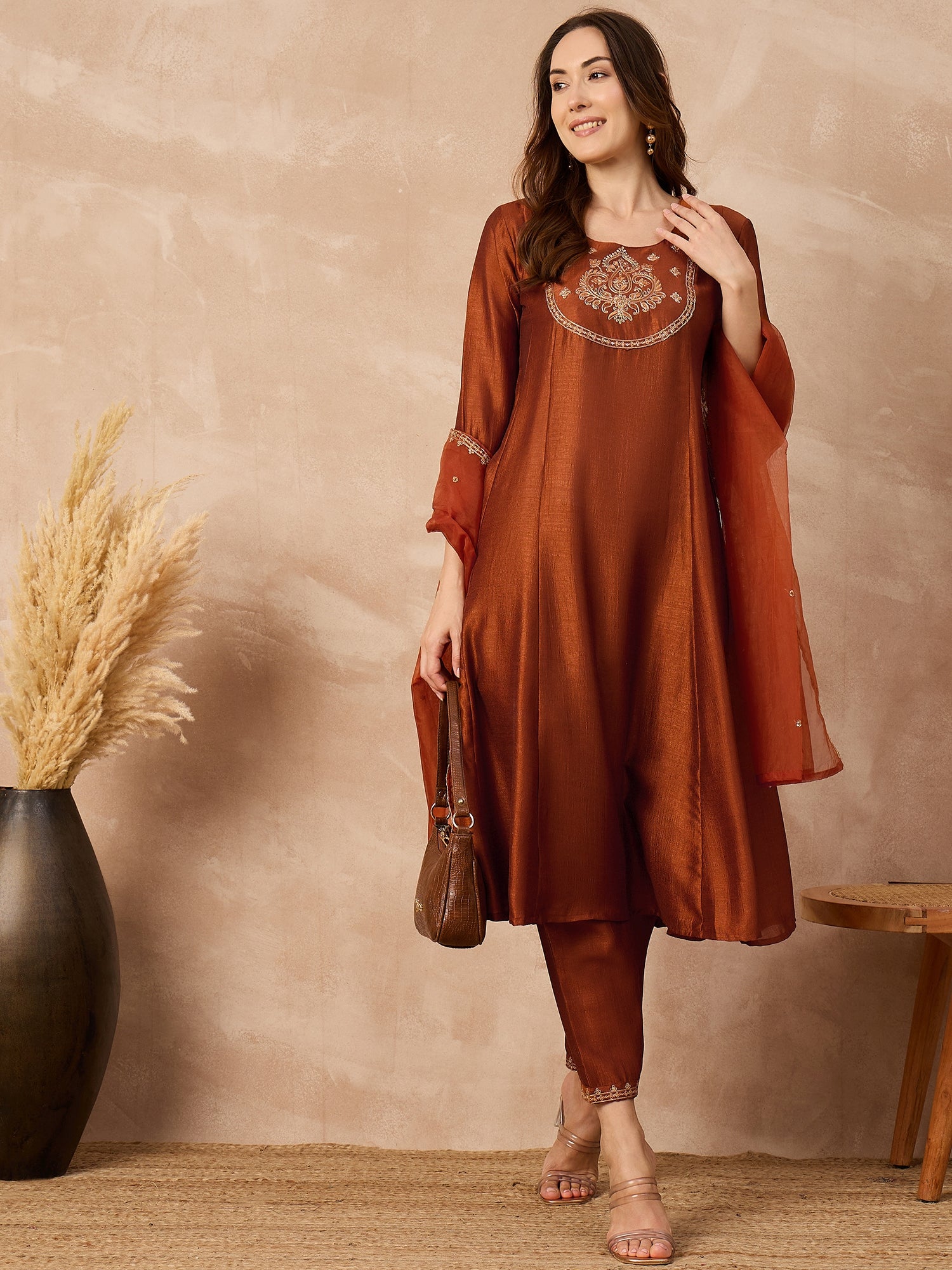 Rust  Silk Blend Embroideried A-Line Kurta Trouser