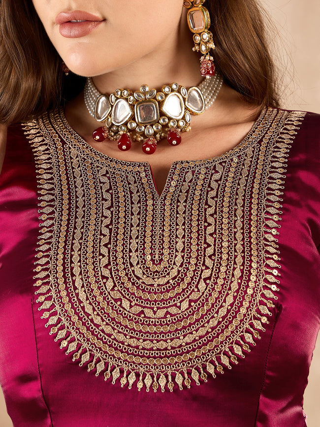 Maroon Satin Solid With Sequenced Lace Saree with Unstitched Fancy Blouse