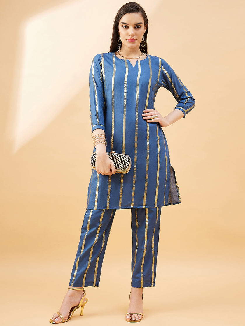 Blue  Cotton Blend Solid A-Line Kurta  Trouser