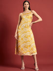 Mustard Polyester Printed No Sleeves Floral Dress