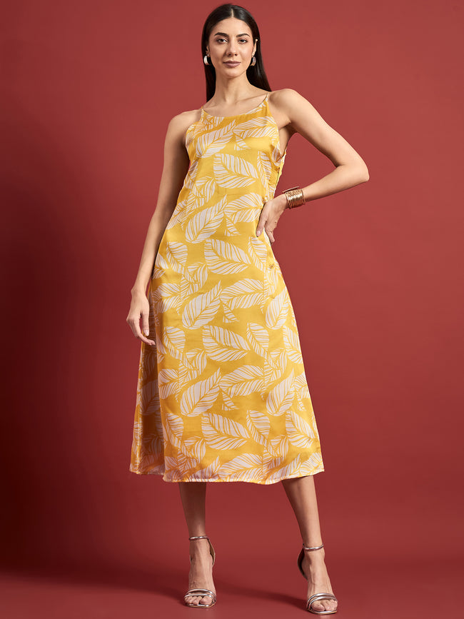 Mustard Polyester Printed No Sleeves Floral Dress